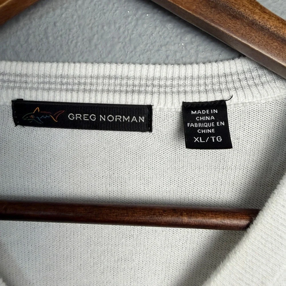 Greg Norman‎ White Cotton V-Neck Performance Long Sleeve Sweater Golf Shark XL